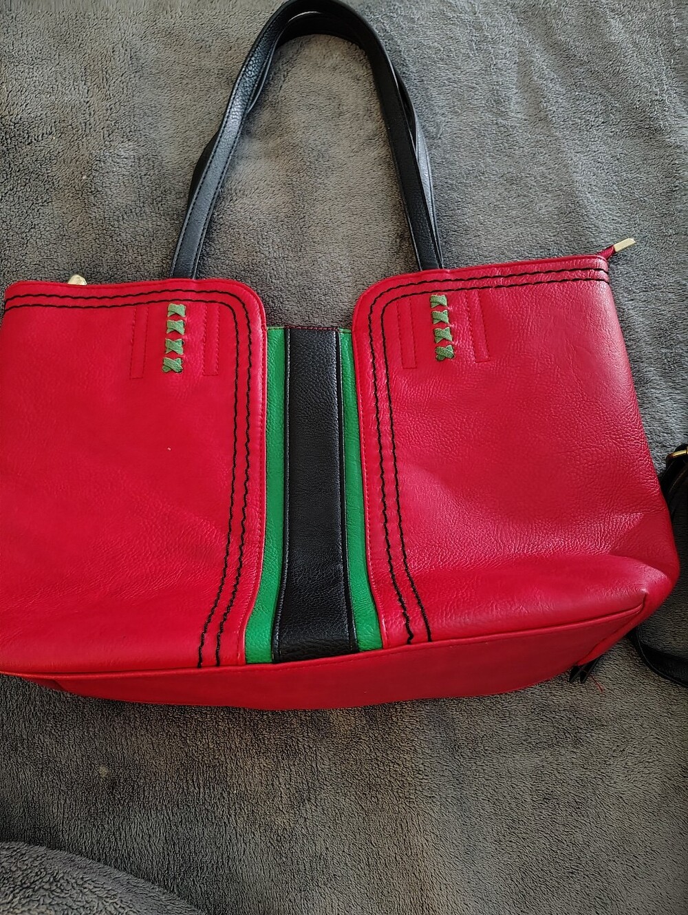 Montana West Red Vegan Leather Tote Bag with Green & Black Accent